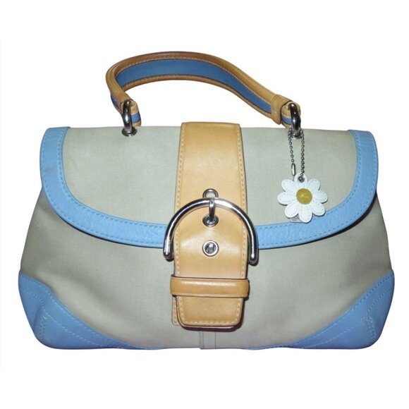 Coach 2004 Daisy Flap Hampton Cream Sateen & Blue and Tan Vachetta Leather - Picture 1 of 16